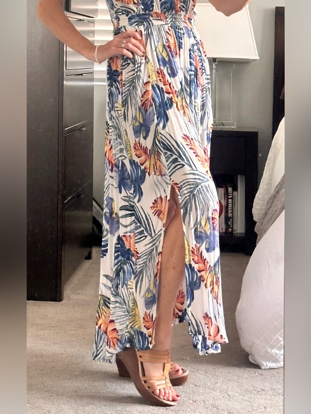 Rip Curl Off-Shoulder White Maxi Dress with Blue and Orange Floral Print